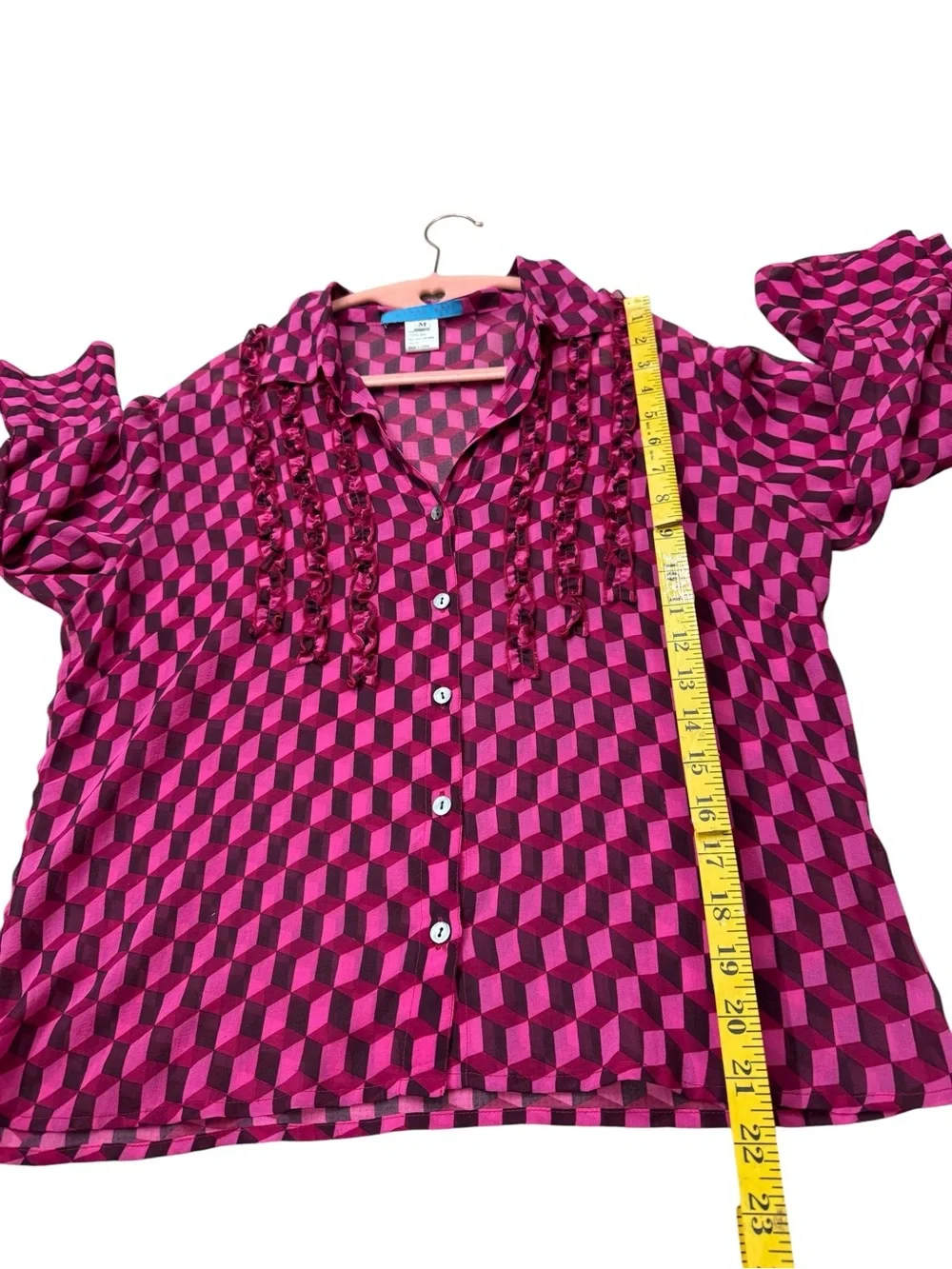 Johnny Was Pink Geometric Ruffle Button-Front Blouse - Picture 4 of 8
